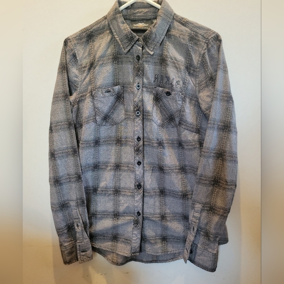 Harley Davidson plaid button up Gray shirt western cowgirl biker small - Picture 1 of 5